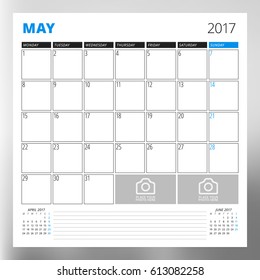 Calendar Template for May 2017. Week Starts Monday. Design Print Template. Vector Illustration Isolated
