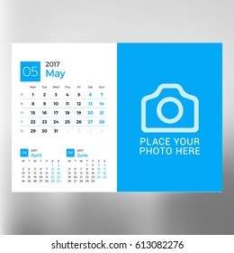 Calendar Template for May 2017. Week Starts Monday. Design Print Template. Vector Illustration Isolated