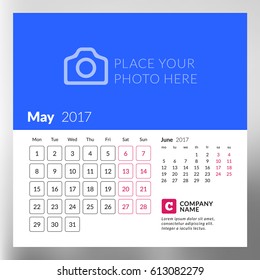 Calendar Template for May 2017. Week Starts Monday. Design Print Template. Vector Illustration Isolated