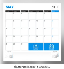 Calendar Template for May 2017. Week Starts Monday. Design Print Template. Vector Illustration Isolated
