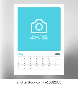 Calendar Template for May 2017. Week Starts Monday. Design Print Template. Vector Illustration Isolated