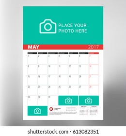 Calendar Template for May 2017. Week Starts Monday. Design Print Template. Vector Illustration Isolated