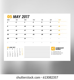Calendar Template for May 2017. Week Starts Monday. Design Print Template. Vector Illustration Isolated