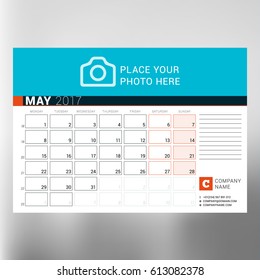 Calendar Template for May 2017. Week Starts Monday. Design Print Template. Vector Illustration Isolated