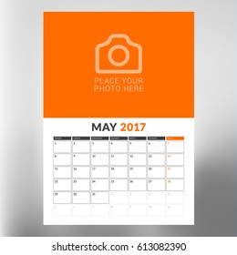 Calendar Template for May 2017. Week Starts Monday. Design Print Template. Vector Illustration Isolated