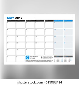 Calendar Template for May 2017. Week Starts Monday. Design Print Template. Vector Illustration Isolated