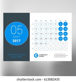 Calendar Template for May 2017. Week Starts Monday. Design Print Template. Vector Illustration Isolated