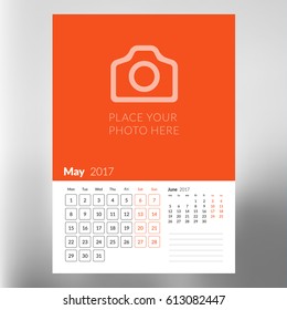 Calendar Template for May 2017. Week Starts Monday. Design Print Template. Vector Illustration Isolated