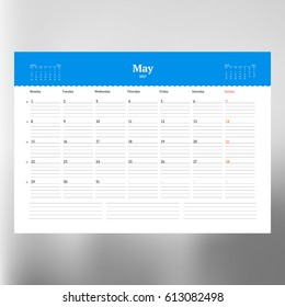 Calendar Template for May 2017. Week Starts Monday. Design Print Template. Vector Illustration Isolated