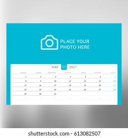 Calendar Template for May 2017. Week Starts Monday. Design Print Template. Vector Illustration Isolated