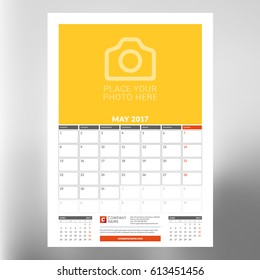 Calendar Template for May 2017. Week Starts Monday. Design Print Template. Vector Illustration Isolated