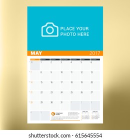 Calendar Template for May 2017. Week Starts Sunday. Design Print Template. Vector Illustration Isolated