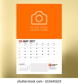 Calendar Template for May 2017. Week Starts Sunday. Design Print Template. Vector Illustration Isolated