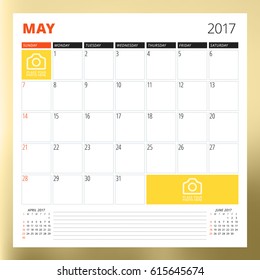 Calendar Template for May 2017. Week Starts Sunday. Design Print Template. Vector Illustration Isolated