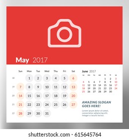 Calendar Template for May 2017. Week Starts Sunday. Design Print Template. Vector Illustration Isolated