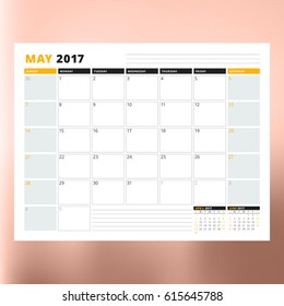 Calendar Template for May 2017. Week Starts Sunday. Design Print Template. Vector Illustration Isolated