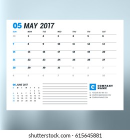 Calendar Template for May 2017. Week Starts Sunday. Design Print Template. Vector Illustration Isolated
