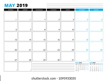 Calendar Template for May 2019. Business Planner Template. Stationery Design. Week starts on Monday. 3 Months on the Page. Vector Illustration