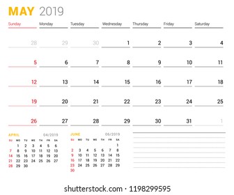 Calendar template for May 2019. Business planner. Stationery design. Week starts on Sunday. 2 Months on the page. Vector illustration