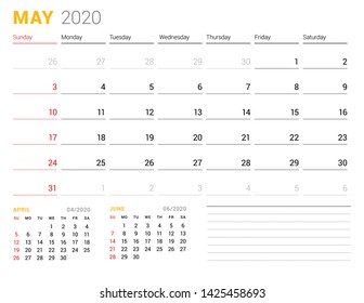 Calendar template for May 2020. Business planner. Stationery design. Week starts on Sunday. Vector illustration