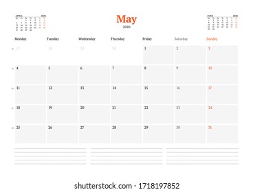Calendar template for May 2020. Business monthly planner. Stationery design. Week starts on Monday. Vector illustration