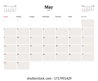 Calendar template for May 2021. Business monthly planner. Stationery design. Week starts on Sunday. Vector illustration