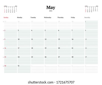 Calendar template for May 2021. Business monthly planner with dotted lines for notes. Stationery design. Week starts on Sunday. Vector illustration