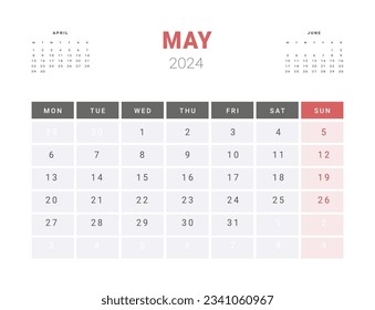 Calendar Template of may 2024. Vector layout simple calendar with week start Monday.