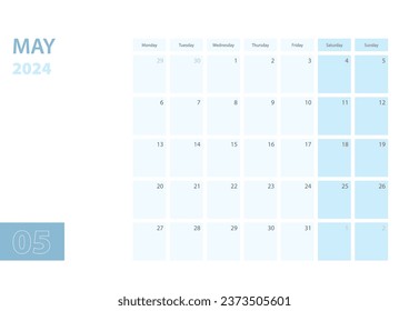 Calendar template for the May 2024, the week starts on Monday. The calendar is in a blue color scheme. Vector illustration.