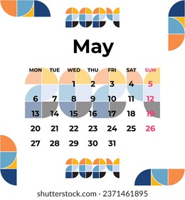 Calendar Template May 2024 Yellow Blue Orange. Simple Minimalist Vector illustration Design.