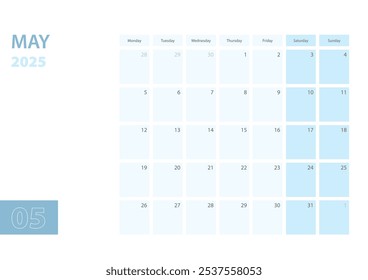 Plantilla del calendario para mayo de 2025, la semana comienza el lunes. El calendario está en un esquema de color azul. Ilustración vectorial.