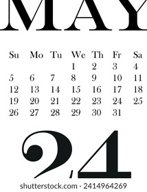 calendar template for May month 2024 without background, for use in notebooks or for printing, vector