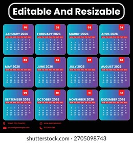 Calendar Template, Modern 2026 Calendar Design Vector, Editable And Resizable