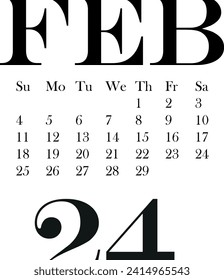 calendar template for the month of February 2024 without background, for use in notebooks or for printing, vector