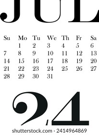 calendar template for the month of July 2024 without background, for use in notebooks or for printing, vector