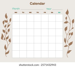 Calendar template, monthly planner, journal for notes with fields. Calendar in brown color with plants on the edge.