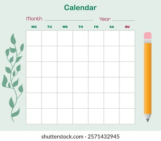 Calendar template, monthly planner, journal with fields. Green calendar, pencil and plant.