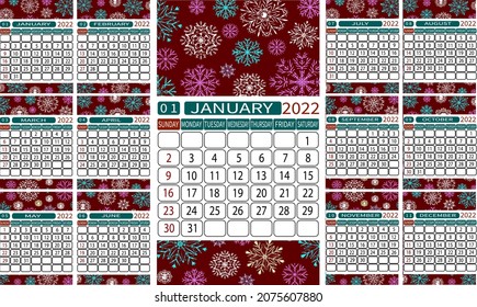 Kalendervorlage für das neue Jahr 2022.Vektorenglischsprachiger Kalender für das neue Jahr 2022 mit bunten Hintergründen. Die Woche beginnt am Sonntag.