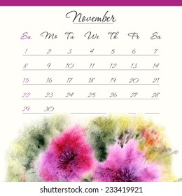 Calendar template. November 2015. Floral watercolor design.