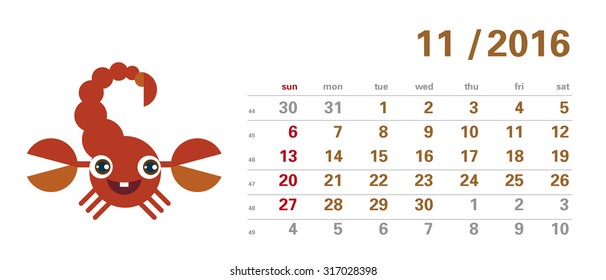 Calendar template - november 2016 - cartoon scorpio, sign of zodiac (weeks start sunday, numbers of weeks) 
