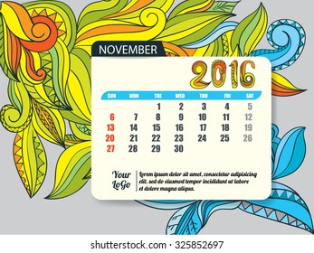 Calendar template of November 2016,vector illustration