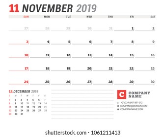 Calendar template for November 2019. Business planner. Stationery design. Week starts on Sunday. 2 Months on the page. Vector illustration