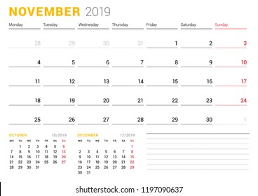 Calendar template for November 2019. Business planner. Stationery design. Week starts on Monday. 2 Months on the page. Vector illustration