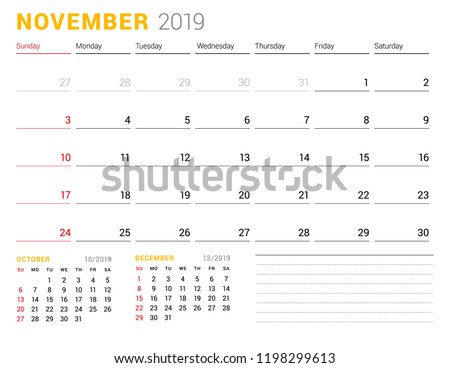 calendar template november 2019 business planner stock vector monthly calendar november 2019