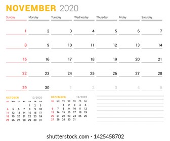 Calendar template for November 2020. Business planner. Stationery design. Week starts on Sunday. Vector illustration