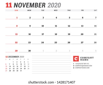 Calendar template for November 2020. Business planner. Stationery design. Week starts on Sunday