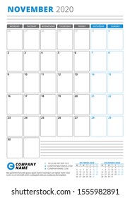 Calendar template for November 2020. Business planner. Stationery design. Week starts on Monday. Portrait orientation. Vector illustration