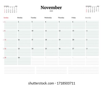 Calendar template for November 2020. Business monthly planner with dotted lines for notes. Stationery design. Week starts on Sunday. Vector illustration