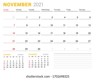 Calendar template for November 2021. Business monthly planner. Stationery design. Week starts on Sunday. Vector illustration