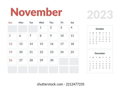 Calendar Template of november 2023. Vector layout simple calendar with week start sunday.